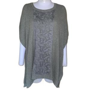 CHICO'S OLIVE GREEN GOLD METALLIC DOLMAN SLEEVE LACE FRONT PONCHO SWEATER